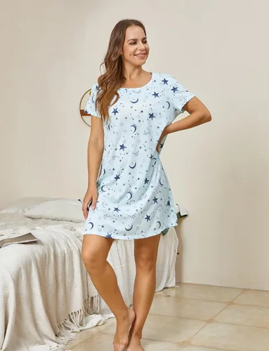 Miniatura 2 de PNAEONG - Camisón de algodón para mujer, de manga corta y con estampado, ropa de dormir informal