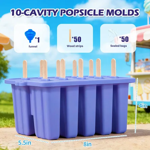 Miniatura 2 de Moldes de silicona morada, 10 cavidades caseras para paletas de hielo, para niños y adultos, de grado alimenticio, sin BPA, con palitos para hacer