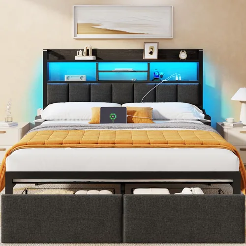 Miniatura 10 de Furnulem Base de cama King con cabecero de madera y cajones de almacenamiento, marcos de cama de plataforma de metal tamaño King con luces LED