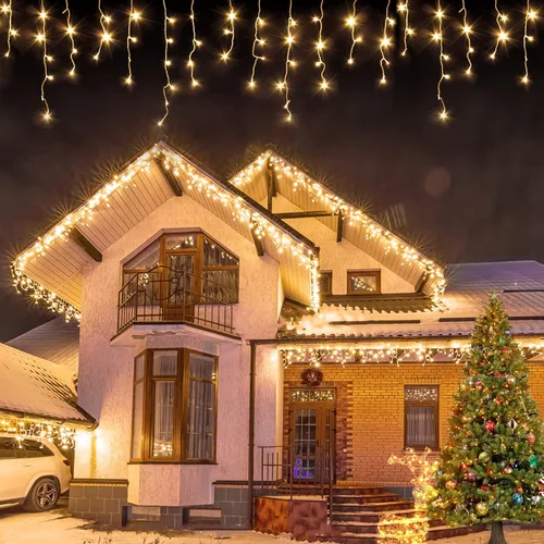 USOKYO - Cadena de luces de carámbano de Navidad para exteriores, 480 luces LED, 39 pies de largo, 96 gotas, 8 modos y temporizador, luces de