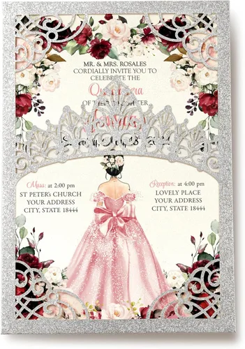 Miniatura 21 de 50 invitaciones de quinceañera con corona negra perlada cortada con láser Invitaciones de cumpleaños florales burdeos para Sweet 16/Miss XV