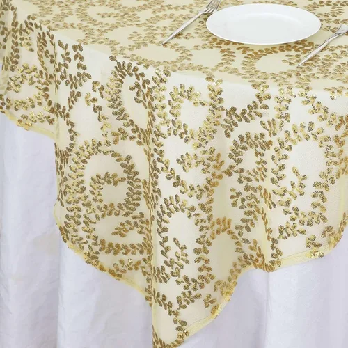 Miniatura 6 de Efavormart - Superposición de mesa de tul bordado de hojas de lentejuelas doradas de 72 x 72 pulgadas, mantel cuadrado transparente