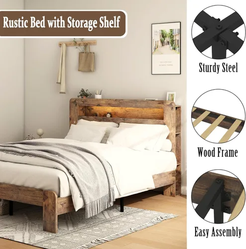 Miniatura 5 de Estructura de cama de madera tamaño Queen con cabecero de almacenamiento, estructura de cama de plataforma estilo granja con estante de biblioteca
