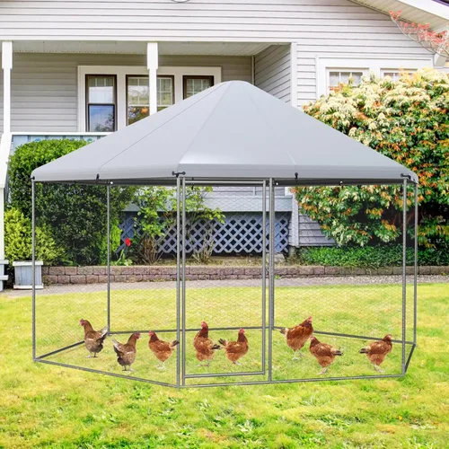 Miniatura 8 de Giantex Gallinero de metal grande, gallinero hexagonal de 13 pies con cubierta impermeable, marco de acero resistente, 12 estacas, jaula de aves