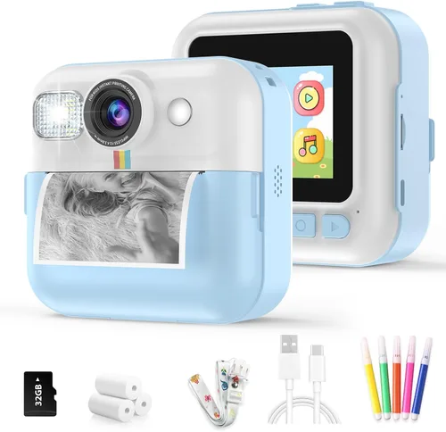 Cámara para Niños Varones, Cámara de Juguete Portátil de Impresión Azul para Niños Pequeños 1080P Cámaras de Video Niños Cámara de Impresión
