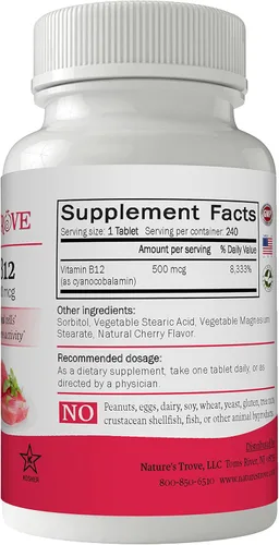 Miniatura 2 de Vitamina B12 500 mcg por Nature's Trove - 240 tabletas EZ Chew sabor cereza