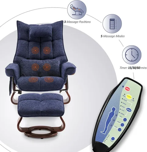 Miniatura 5 de MCombo Sillón reclinable giratorio con otomana, juegos de sillas de TV con masaje por vibración, ideal para espacios pequeños, sala de estar y Azul