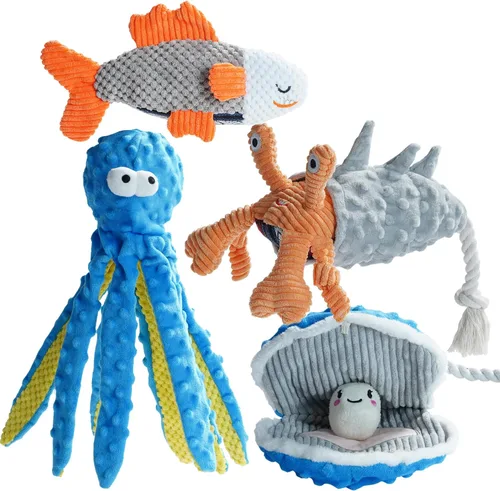 Nocciola Paquete de 4 juguetes chirriantes para perros masticadores agresivos, cuerda de peluche resistente y duradera, juguete masticable para
