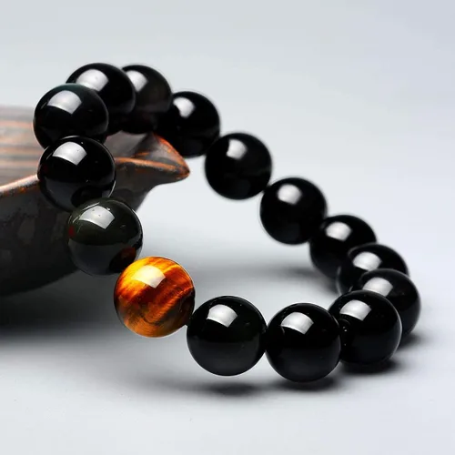 Miniatura 6 de SX Commerce Pulsera de obsidiana natural negra de piedra natural de 0.394in o 0.472in con un ojo de tigre único, buen regalo para hombres y mujeres