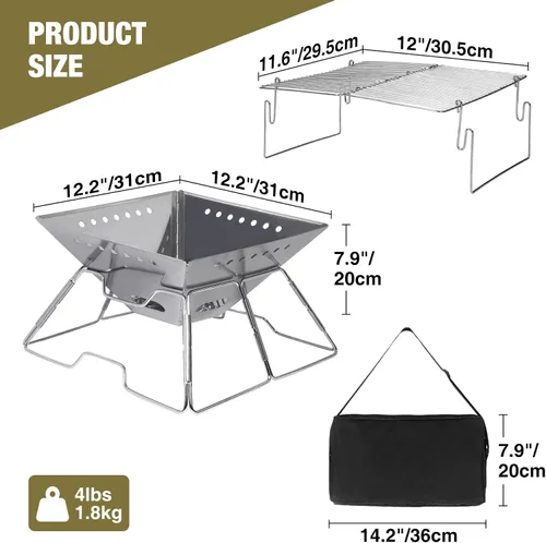 Miniatura 4 de Fogata portátil con parrilla para campamento, hoguera plegable de alta resistencia con parrilla de fogata y bolsa de transporte para exteriores