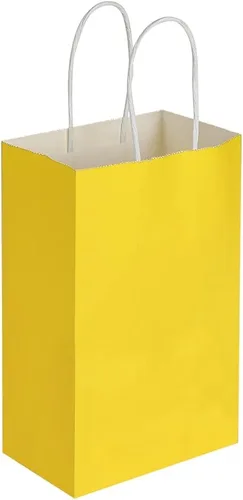 Miniatura 5 de Oikss Paquete de 100 bolsas pequeñas de papel kraft amarillas de 5.25 x 3.25 x 8.25 pulgadas con asas a granel para cumpleaños, bodas, fiestas