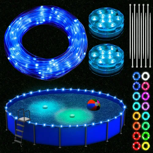 Luces LED de 39.4 pies para piscinas sobre el suelo, iluminación de borde impermeable para piscinas de 12 pies, 2 paquetes de luces sumergibles de