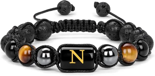 Vinswet Pulseras de cuentas con iniciales para hombre, pulsera de triple protección de 0.315 in, obsidiana y hematita, hecha a mano para hombre,