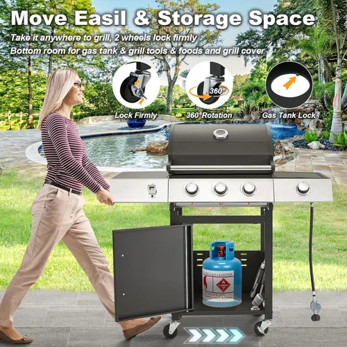 Miniatura 3 de MELLCOM Parrilla de barbacoa de acero inoxidable mejorada de 36,000 BTU, parrilla de gas propano BBQ de 3 quemadores con rejillas de hierro fundido
