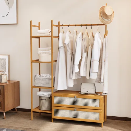 Miniatura 13 de Perchero de Ropa de Bambú, Perchero con Cajones y Estantes, Estantes de Almacenamiento de 5 Niveles con 6 Ganchos para Colgar, Armario Closet