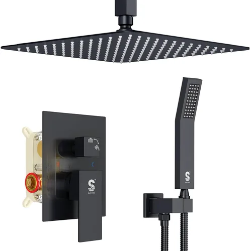 SR SUN RISE Sistema de Ducha de Montaje en Techo de 12 Pulgadas Negro Mate, Sistema de Ducha de Lluvia de Lujo para Baño, Mezclador, Juego de