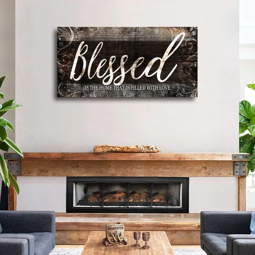 Miniatura 3 de MESESE Arte de pared en lienzo con cita para el hogar bendecido Decoración de pared marrón para sala de estar Blessed is the home Christian Wall