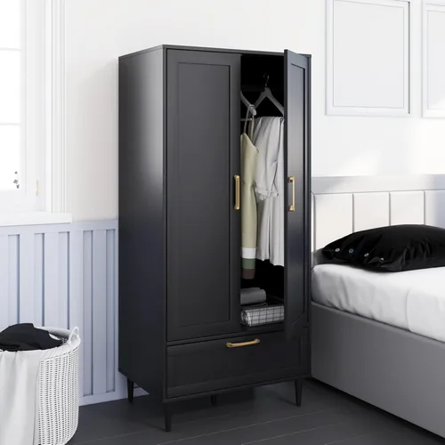 Miniatura 8 de Armario Morden para dormitorio, armario con barra para colgar, 60 pulgadas, 2 puertas, para ropa con cajones, armario de almacenamiento Morden, Negro