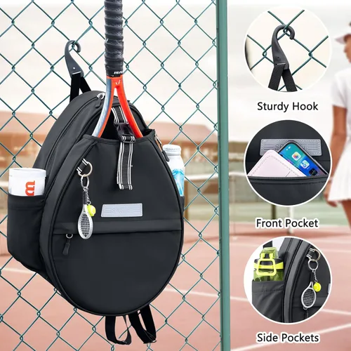 Miniatura 6 de Mochila de Tenis con Soporte para 2 Raquetas, Bolsa de Raqueta de Tenis de Cuero PU Resistente al Agua para Mujeres y Hombres, Mochila Deportiva