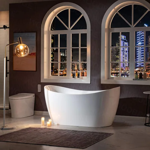 Miniatura 4 de WOODBRIDGE BTA1516 - Bañera de acrílico independiente de 59 pulgadas, moderna bañera blanca con desbordamiento y drenaje negro mate, almohada