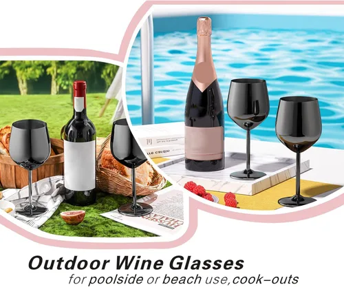 Miniatura 3 de WOTOR Juego de 4 copas de vino negras, copas de vino de acero inoxidable de 18 onzas, irrompibles y portátiles, copas de vino de metal con tallo