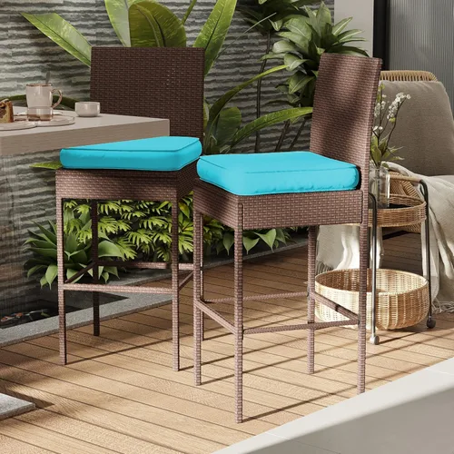 Miniatura 4 de Sundale Outdoor Juego de 2 taburetes de bar, 2 taburetes de bar de mimbre tejido sin brazos, sillas de bar para patio con almohada y cojín azul