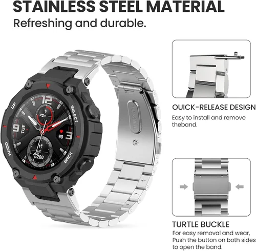 Miniatura 6 de E ECSEM Correa compatible con Amazfit T-Rex/T-Rex Pro, correa de repuesto de metal de acero inoxidable sólido para reloj inteligente Amazfit T-Rex