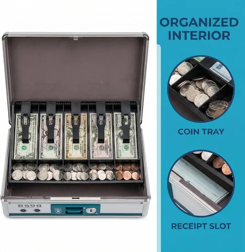 Miniatura 7 de STOBOK Caja de efectivo portátil con doble bloqueo de aluminio, caja de almacenamiento de dinero de 13.22 x 10.82 x 4.33 pulgadas, bandeja