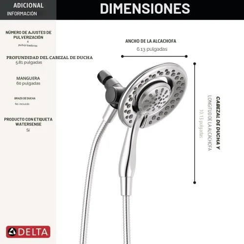 Miniatura 4 de Delta In2ition - Cabezal de ducha doble 2 en 1 de 4 ajustes con rociador de mano, cabezal de ducha desmontable cromado con manguera, cabezal de Cromo