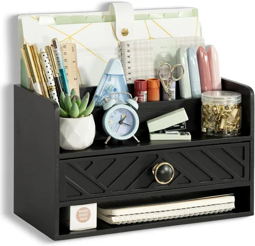 Organizador de escritorio de madera negra dreampossible y accesorios con cajón, organizador de facturas y correo y soporte de archivos para