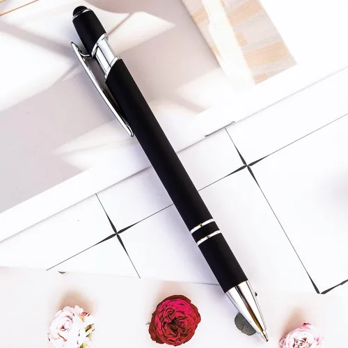 Miniatura 9 de PASISIBICK Bolígrafo negro de 12 piezas con punta de lápiz capacitivo, 2 en 1, elegante bolígrafo de metal para pantalla táctil, tinta negra, punta