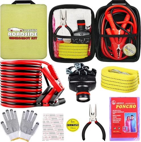 LIANXIN Kit de Herramientas de Emergencia en Carretera para Automóvil, Kits de Emergencia para Vehículos, con Kit de Cables Puente, Kit de Verde