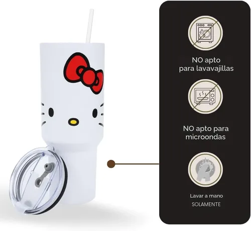 Miniatura 7 de Bioworld Hello Kitty - Vaso de acero inoxidable con tapa a prueba de fugas, 40 onzas Hello Kitty cara