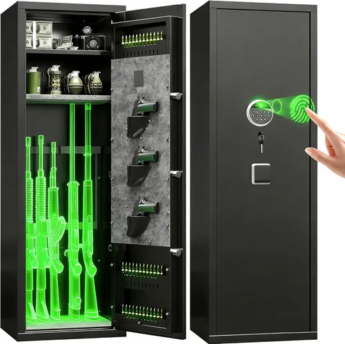 [No requiere montaje] Caja fuerte para armas 10-12 para rifles y pistolas caseras, casillero de armas, huella dactilar biométrica y teclado digital