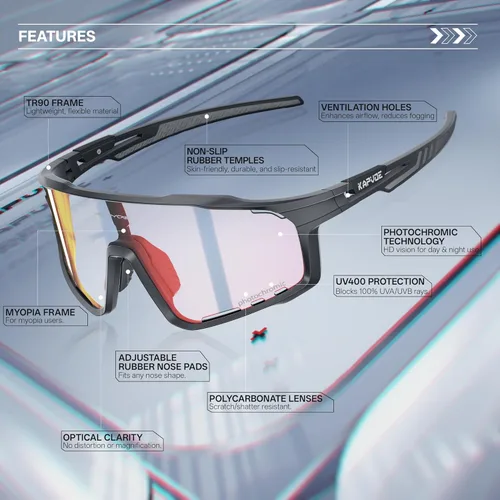 Miniatura 4 de KAPVOE Gafas de ciclismo fotocromáticas para hombres y mujeres, gafas de sol deportivas, marco de decoloración HD, gafas de bicicleta K76 Negro rojo