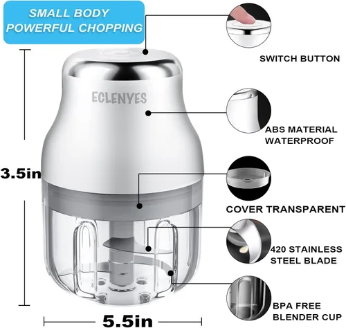 Miniatura 6 de Picador de ajos, mini procesador de alimentos, picador mini recargable por USB, potente triturador de ajos, licuadora para verduras, picadora