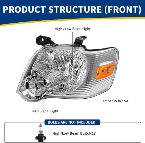 Miniatura 2 de Conjunto de repuesto de faros delanteros para Ford Explorer. Reflectores ámbar, carcasa cromada