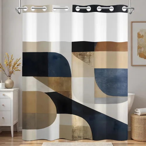 Miniatura 15 de No Hook Geometric Shower Curtain with Snap in Liner - 71″W x 74″L Waterproof Fabric with Mesh Top Window, Modern Abstract Triangle Design Bath