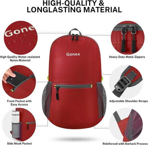 Miniatura 5 de Gonex Mochila Ultraligera Plegable de 20L, Práctica, Plegable para Camping, Viajes al Aire Libre, Ciclismo, Mochila Escolar Rojo