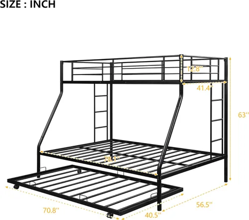 Miniatura 2 de KLMM Literas de metal de tamaño individual sobre matrimonial con 2 escaleras y cama nido para niños, adolescentes y adultos, (negro)