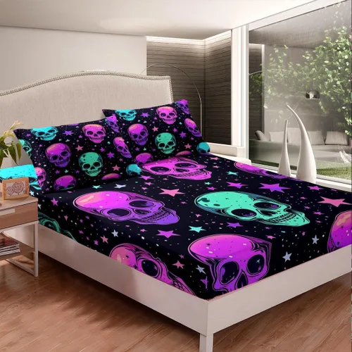 Erosebridal Sábanas de calavera de azúcar, sábana bajera ajustable de Halloween, tamaño individual, ropa de cama de galaxia trippy morada, funda de