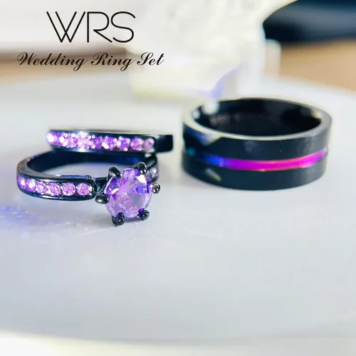 Miniatura 6 de Juego de anillos de boda His Hers para parejas, anillos a juego para mujer, chapado en oro negro de 18 quilates, circonita violeta, anillos