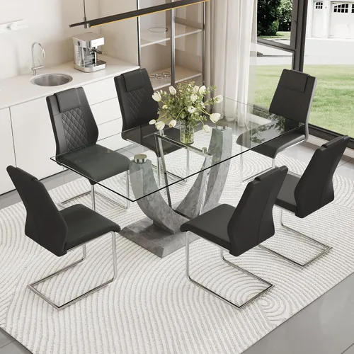 Miniatura 12 de Juego de mesa de comedor de cristal para 6, juego de mesa de cocina de 7 piezas con 6 sillas, mesa de vidrio templado de 71 pulgadas con sillas