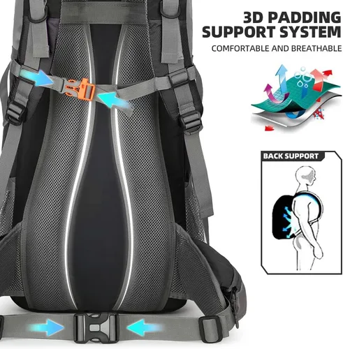 Miniatura 5 de King'sGuard Mochila de senderismo de 70L con cubierta de lluvia, mochila de viaje impermeable ligera para acampar, mochila grande Negro