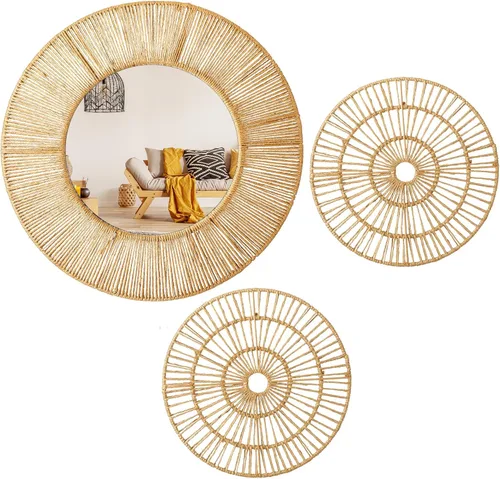 Miniatura 2 de Yerliker 3 piezas de espejo bohemio para decoración de pared, espejo redondo tejido de yute natural, espejos decorativos grandes de 19.7 pulgadas