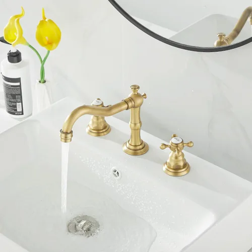 Miniatura 8 de Grifo de 2 manijas para lavabo de baño de tres agujeros, grifo de lavabo extendido, latón antiguo, grifo mezclador con manguera de suministro