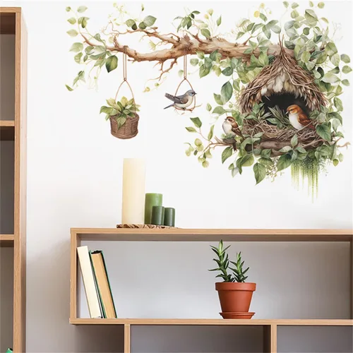 Miniatura 2 de Vinilo decorativo de nido de pájaro y rama de árbol, adhesivo decorativo de vinilo para pared de rama de árbol grande con diseño de cesta colgante
