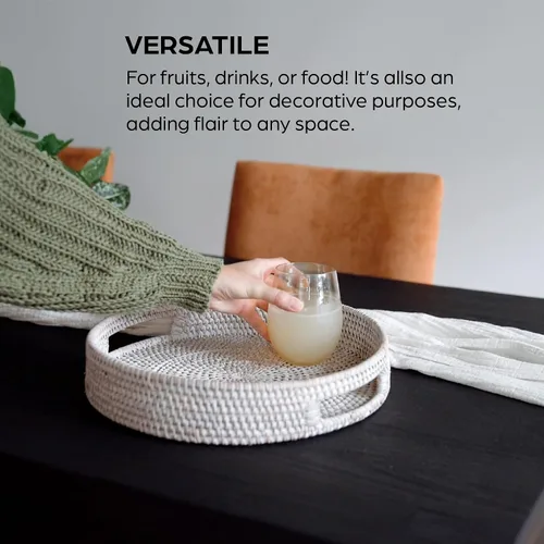 Miniatura 3 de Bandeja redonda de ratán de 12 pulgadas, moderna bandeja tejida con asas para mesa de comedor, sala de estar, decoración de patio, elegante bandeja
