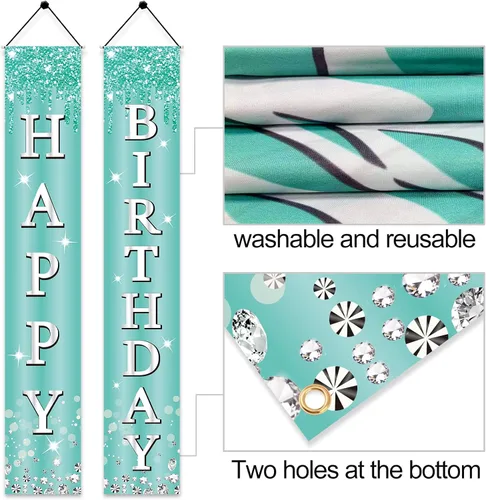 Miniatura 4 de Cartel de feliz cumpleaños de color verde azulado plateado para niñas y mujeres, letrero de porche azul desayuno, suministros de fiesta, 10, 13, 16