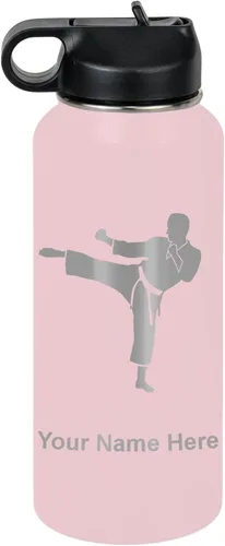 Miniatura 40 de Botella de agua personalizada LaserGram, Karate Man, de acero inoxidable con doble pared aislada al vacío con tapa abatible, regalo personalizado